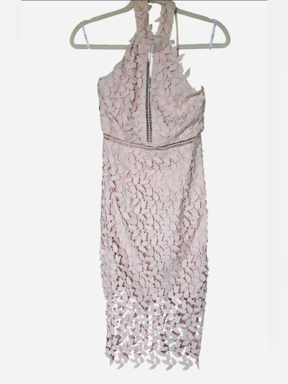 Bardot Blush Pink Lace Overlay Midi Dress Halter Cutout Crochet Wedding Guest XS